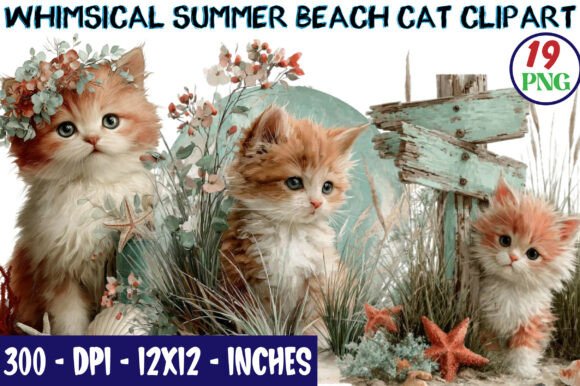 Download Whimsical Summer Beach Cat Clipart Bundl - Cat Collection