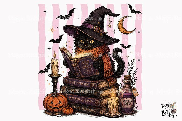 Download Witch Cat Book Stack PNG - Cat Collection