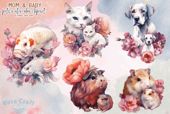 Download Mom &amp; Baby Pets Watercolor Clipart - Color Collection
