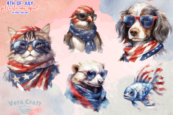 Download 4th of July Pets Watercolor Clipart - Color Collection