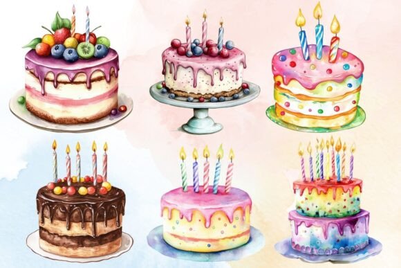 Download Watercolor Happy Birthday Cake Clipart - Color Collection
