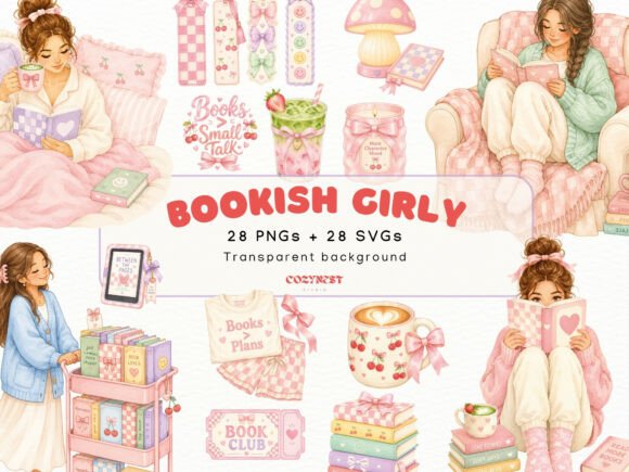 Download Cozy Bookish Girl Watercolor Clipart PNG - Color Collection