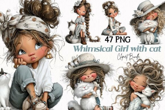 Download Whimsical Girl with Cat Clipart - Cat Collection